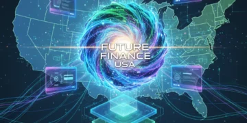 Futuristic digital financial ecosystem with AI, blockchain, and embedded finance elements.