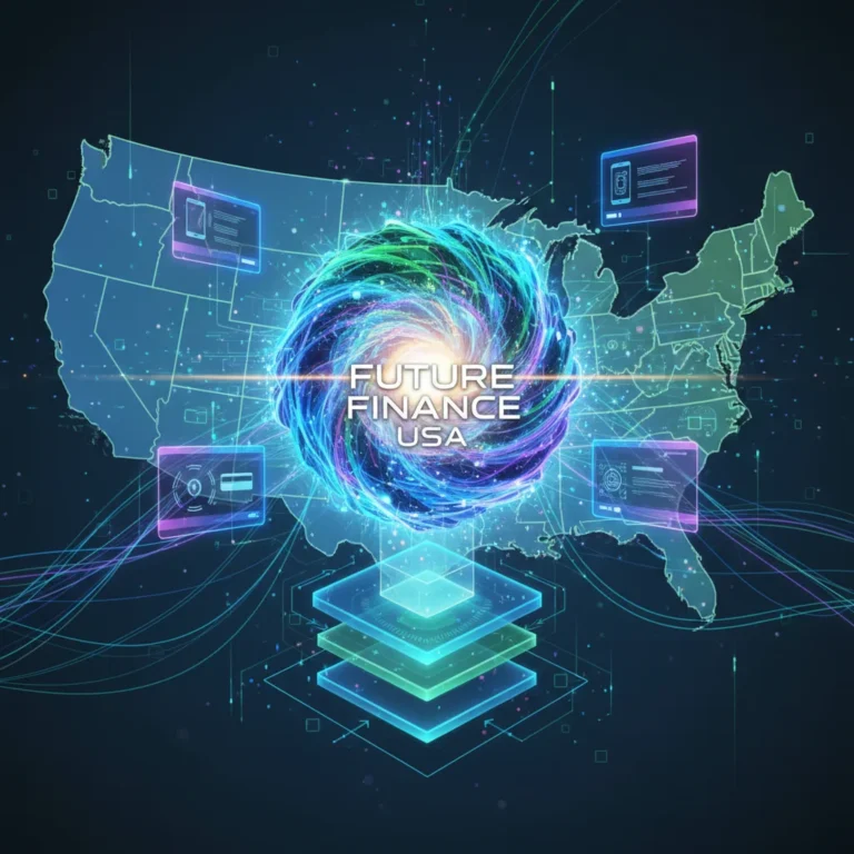 Futuristic digital financial ecosystem with AI, blockchain, and embedded finance elements.