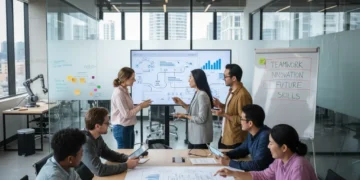 Professionals collaborating in a modern office, highlighting future soft skills