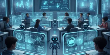Students engaging with advanced AI learning tools in a futuristic classroom environment.