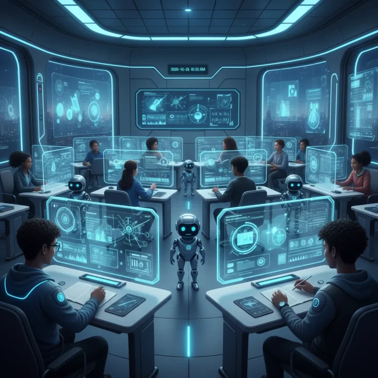 Students engaging with advanced AI learning tools in a futuristic classroom environment.