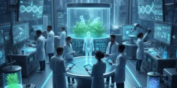 Scientists and doctors collaborating on advanced biotechnology in a modern lab, symbolizing future healthcare innovations.