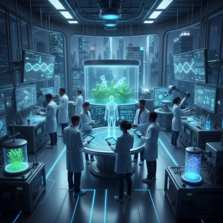 Scientists and doctors collaborating on advanced biotechnology in a modern lab, symbolizing future healthcare innovations.