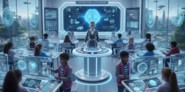 Futuristic classroom with students using personalized learning technology and AI