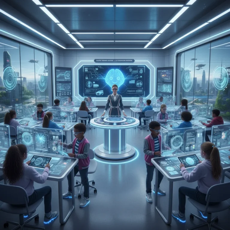Futuristic classroom with students using personalized learning technology and AI