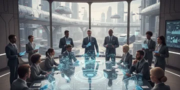 Business professionals analyzing holographic data in a futuristic boardroom