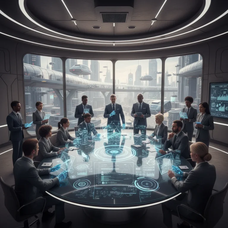 Business professionals analyzing holographic data in a futuristic boardroom