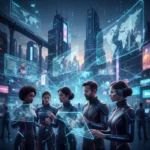Diverse professionals connecting through futuristic digital networking interfaces, symbolizing professional growth and global collaboration.
