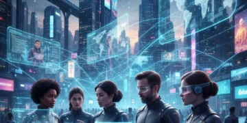 Diverse professionals connecting through futuristic digital networking interfaces, symbolizing professional growth and global collaboration.