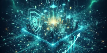 Futuristic digital security network with growth charts