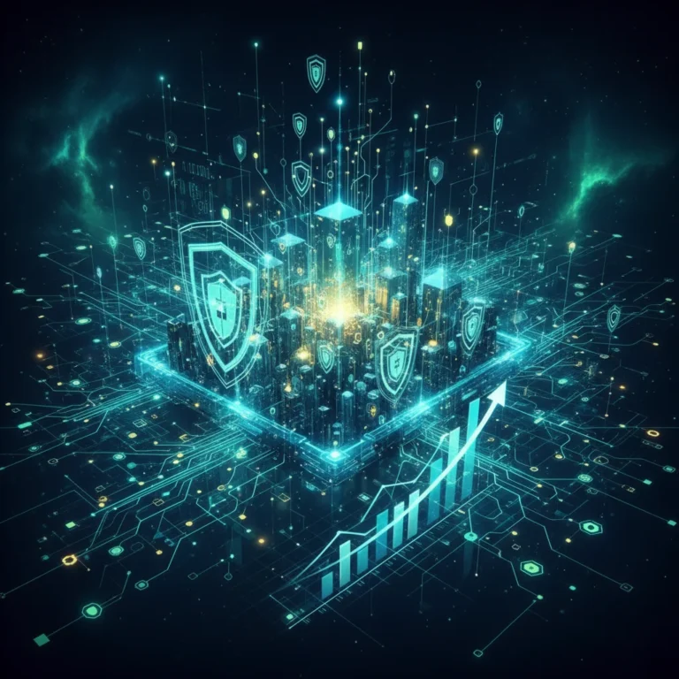 Futuristic digital security network with growth charts