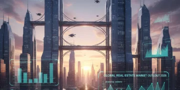 Futuristic cityscape with digital growth charts representing 2026 real estate market analysis
