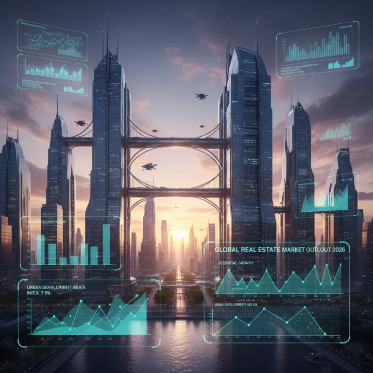 Futuristic cityscape with digital growth charts representing 2026 real estate market analysis