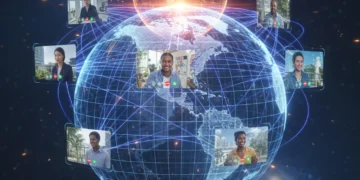 Futuristic digital network connecting remote professionals for high-paying US job opportunities in 2026.