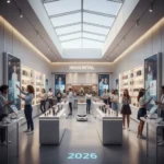 Retail Transformation U.S. 2026: Key Insights for Brick-and-Mortar Futuristic retail store interior with digital displays and diverse shoppers
