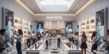 Futuristic retail store interior with digital displays and diverse shoppers