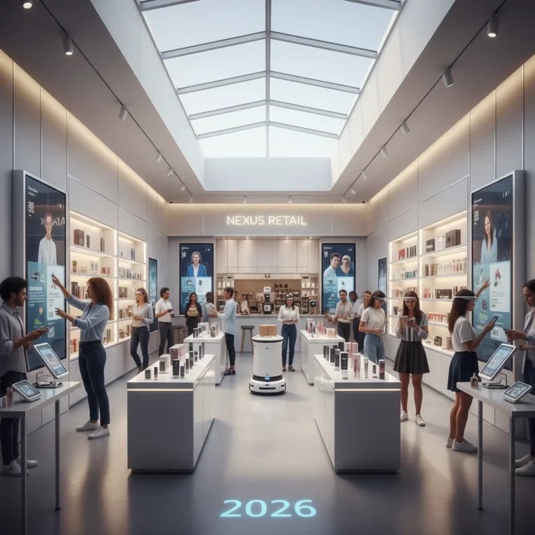 Futuristic retail store interior with digital displays and diverse shoppers