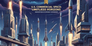 Futuristic spaceport with rockets, symbolizing U.S. space industry growth and innovation.