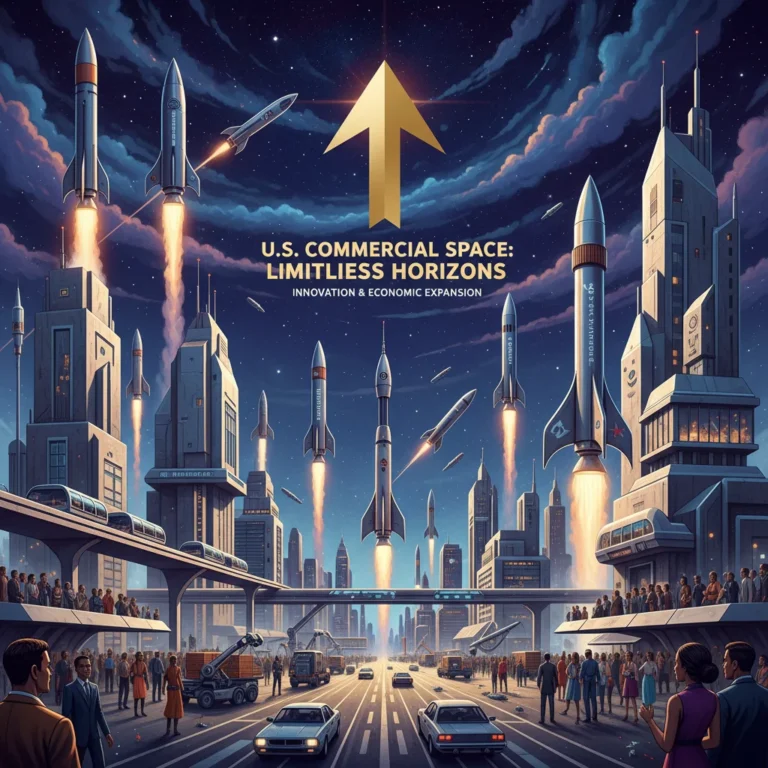 Futuristic spaceport with rockets, symbolizing U.S. space industry growth and innovation.