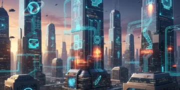 Futuristic cityscape with digital circuits representing the dynamic U.S. tech industry outlook for 2026.