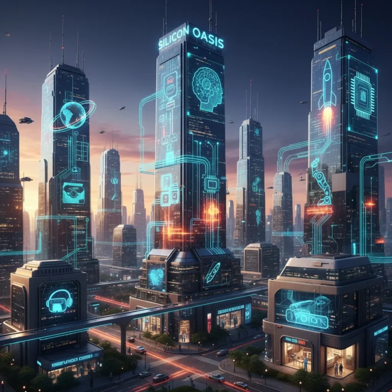 Futuristic cityscape with digital circuits representing the dynamic U.S. tech industry outlook for 2026.