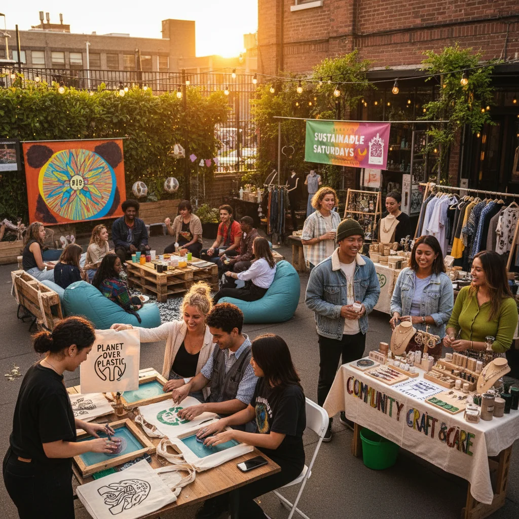 Gen Z consumers at a community-driven retail event, highlighting ethical and social aspects of shopping.