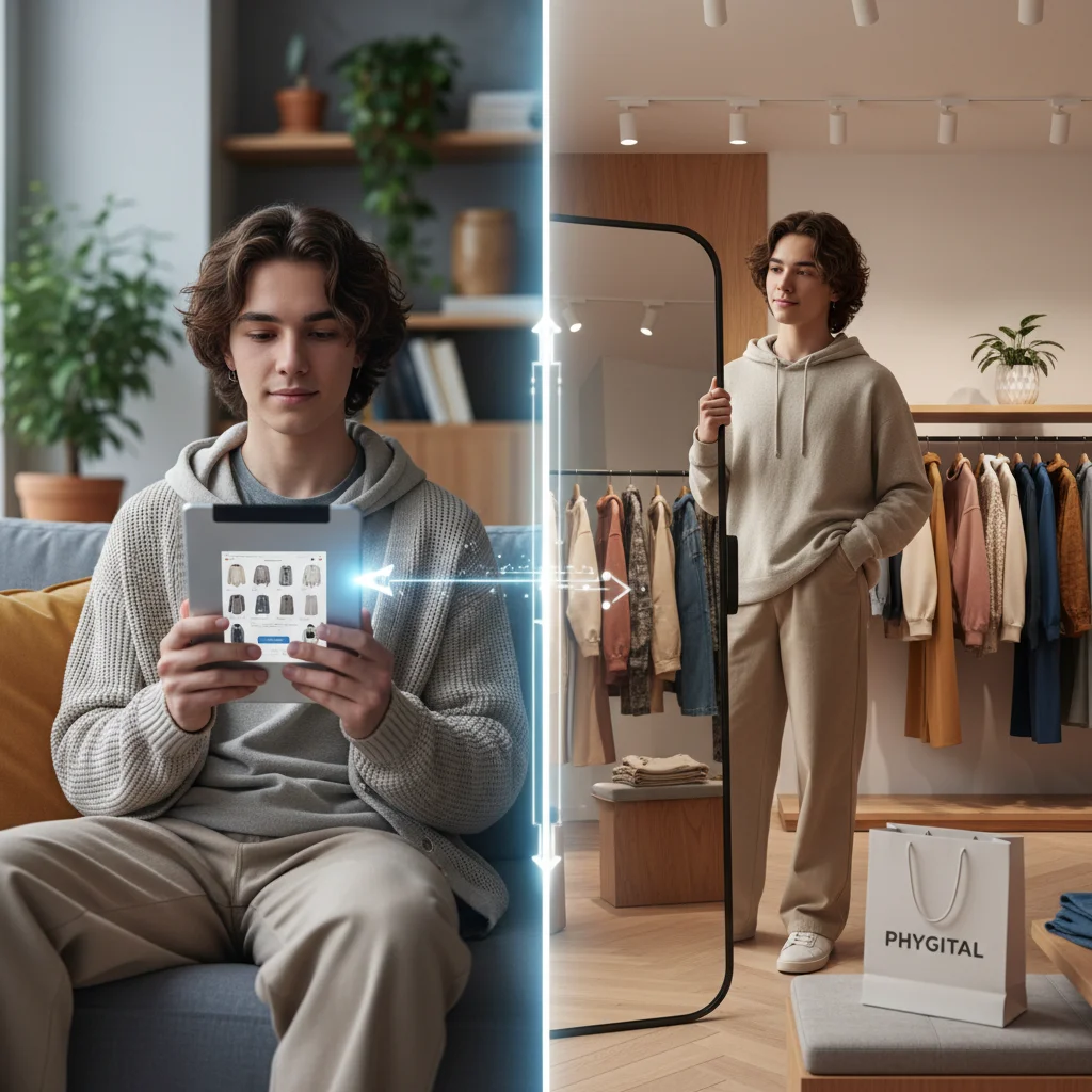 Young consumer engaging in a phygital shopping experience, blending online and in-store interactions.