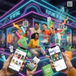 Gen Z consumers interacting with innovative retail technology and sustainable products.