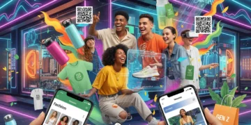 Gen Z consumers interacting with innovative retail technology and sustainable products.