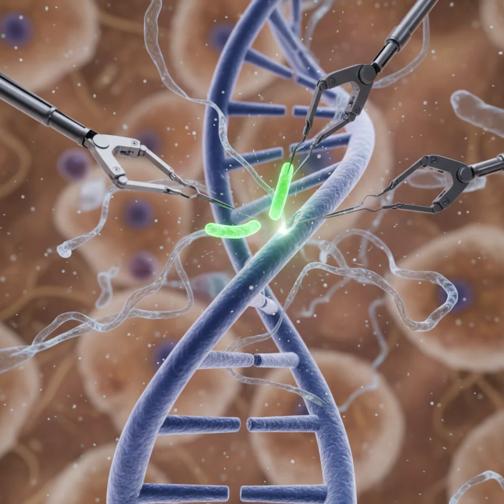 Microscopic tools precisely editing a DNA strand, illustrating gene editing advancements.