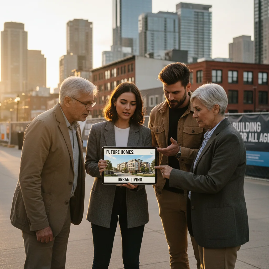 Diverse demographics viewing digital real estate listings, illustrating generational housing trends