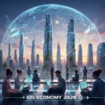The Gig Economy in 2026: 5 Industry Insights for U.S. Freelancers and Platforms Futuristic skyline with diverse freelancers working, symbolizing the 2026 gig economy.