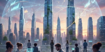 Futuristic skyline with diverse freelancers working, symbolizing the 2026 gig economy.
