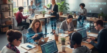 Diverse professionals collaborating in a modern co-working space, symbolizing the future of the gig economy.