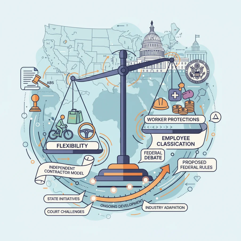 Scales of justice balancing worker flexibility and protections, surrounded by US state and federal legislative symbols, representing gig economy regulations.