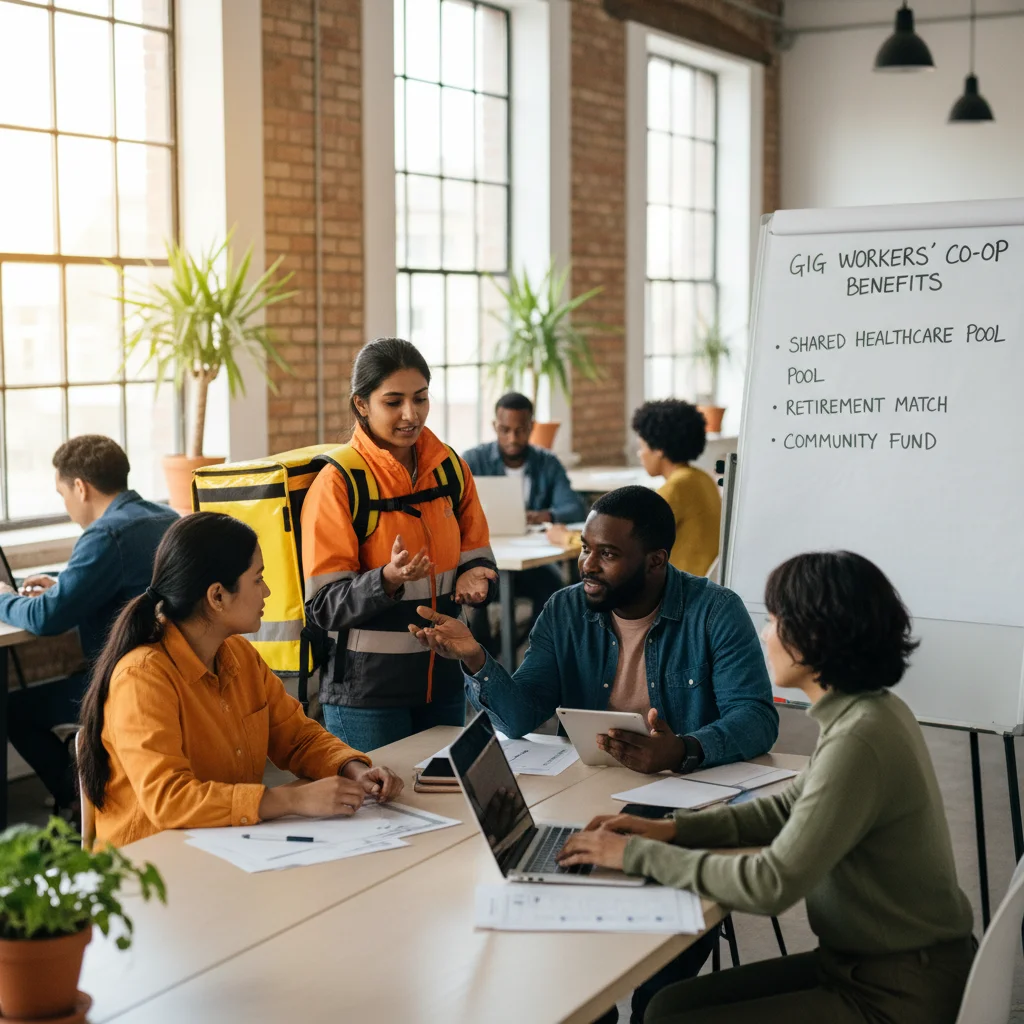 Diverse gig workers discussing benefits and community in co-working space.
