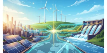 Global renewable energy market forecast with solar panels and wind turbines