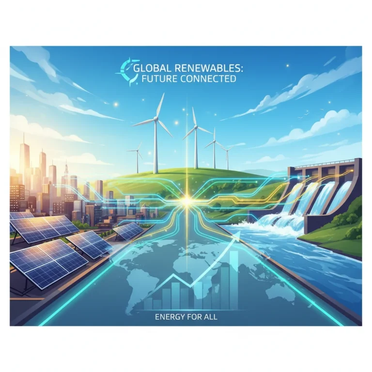 Global renewable energy market forecast with solar panels and wind turbines