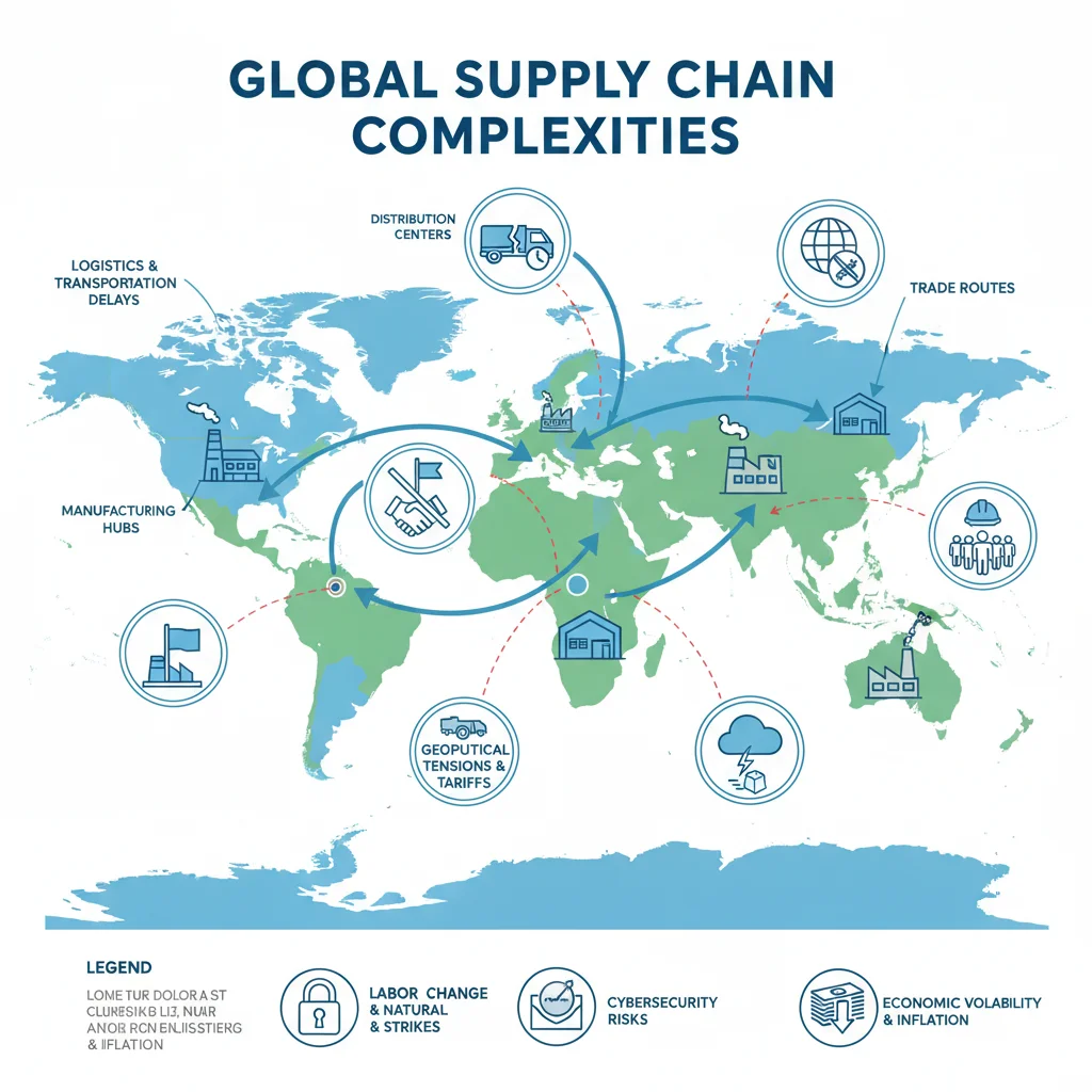 Complex global supply chain network with various interconnected elements and challenges