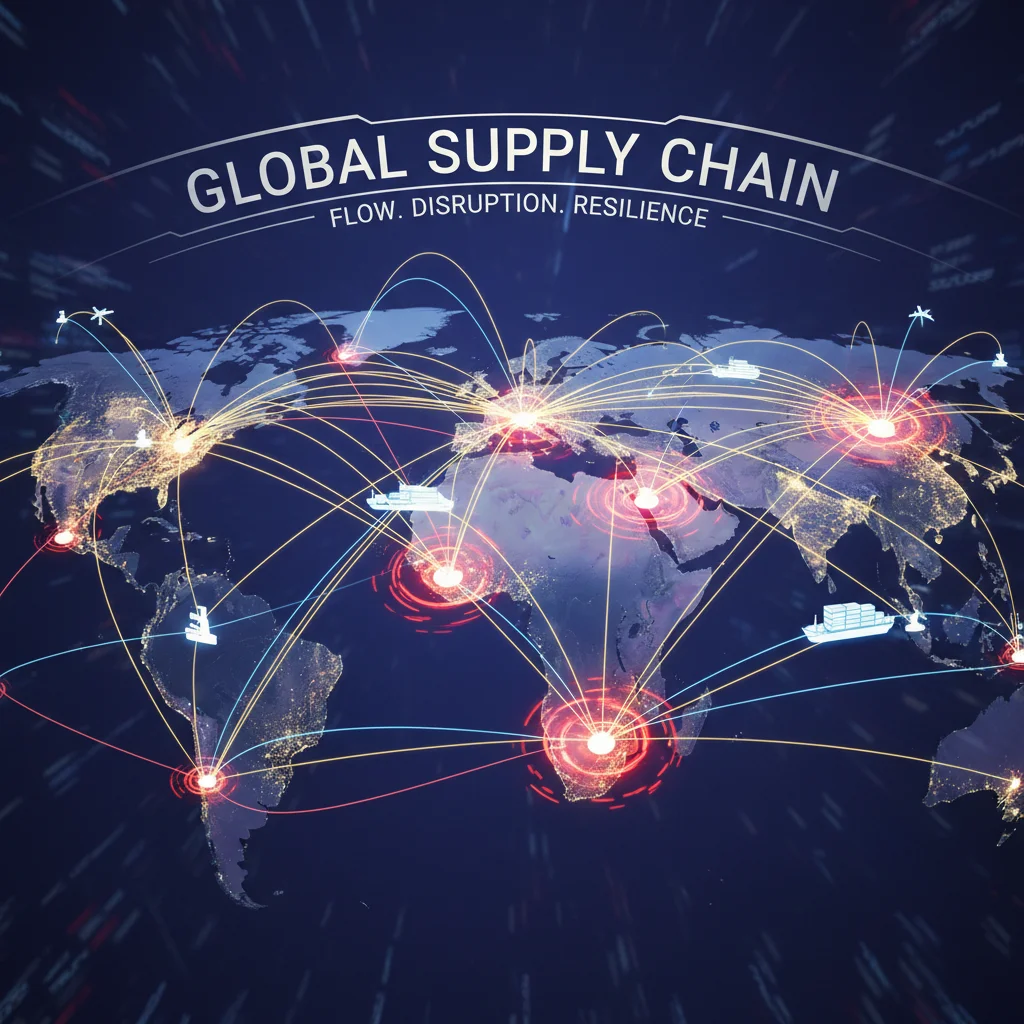 Global supply chain network with interconnected routes and potential disruption points