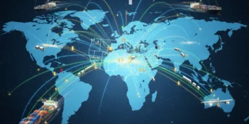 Global supply chain network with digital connections and U.S. map overlay, symbolizing complex logistics challenges and opportunities.