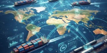 Global supply chain network with digital overlay, symbolizing resilience and interconnectedness.