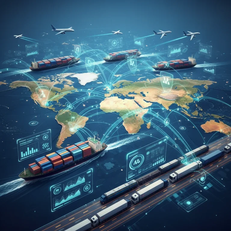 Global supply chain network with digital overlay, symbolizing resilience and interconnectedness.