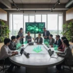 Professionals collaborating on green energy projects, symbolizing green economy growth