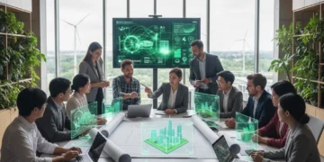 Professionals collaborating on green energy projects, symbolizing green economy growth