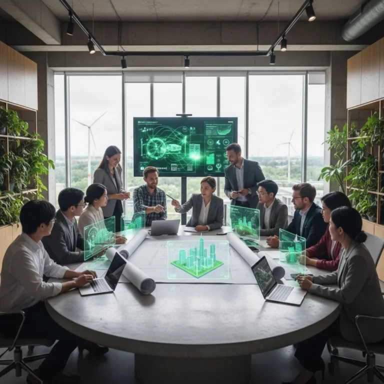 Professionals collaborating on green energy projects, symbolizing green economy growth