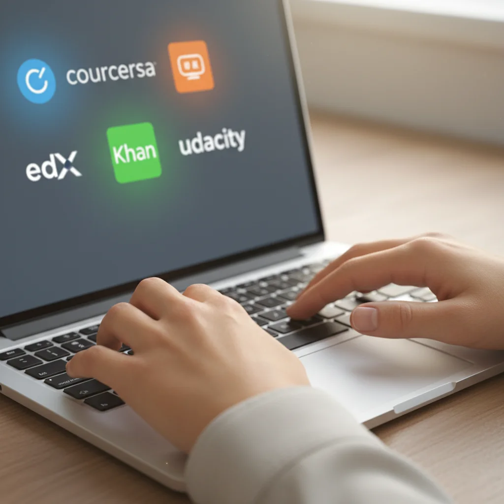Hands typing on a laptop, accessing online learning platforms