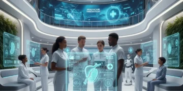 Healthcare professionals analyze data on holographic screens, symbolizing 2026 innovation.
