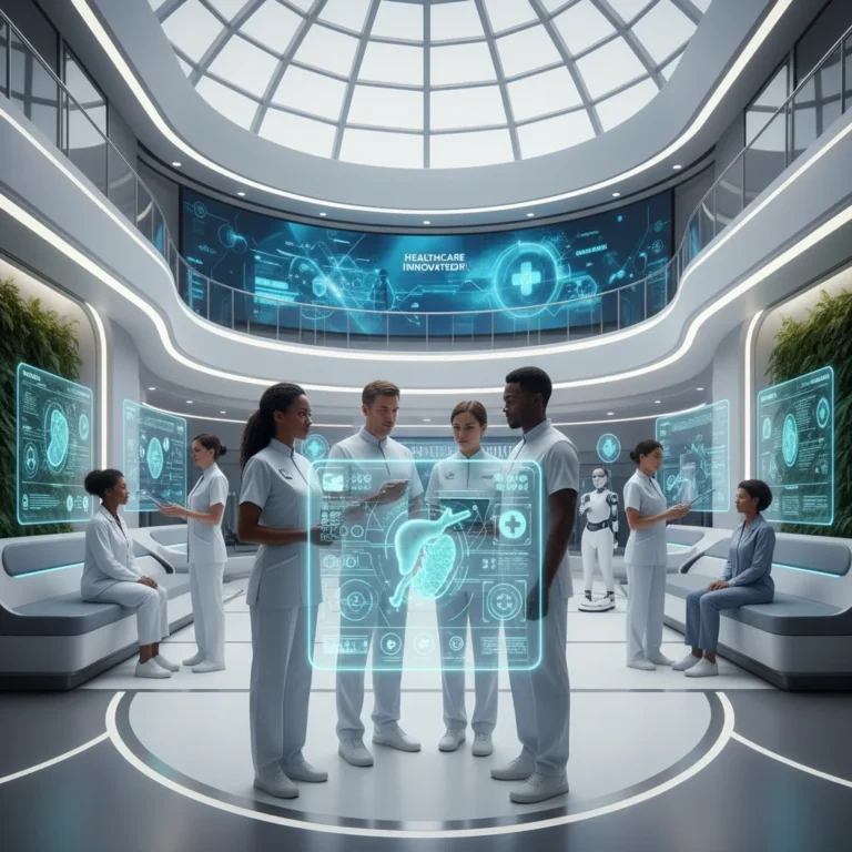 Healthcare professionals analyze data on holographic screens, symbolizing 2026 innovation.