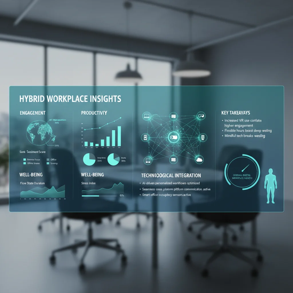 Digital dashboard showing employee engagement and productivity metrics in a hybrid work model.